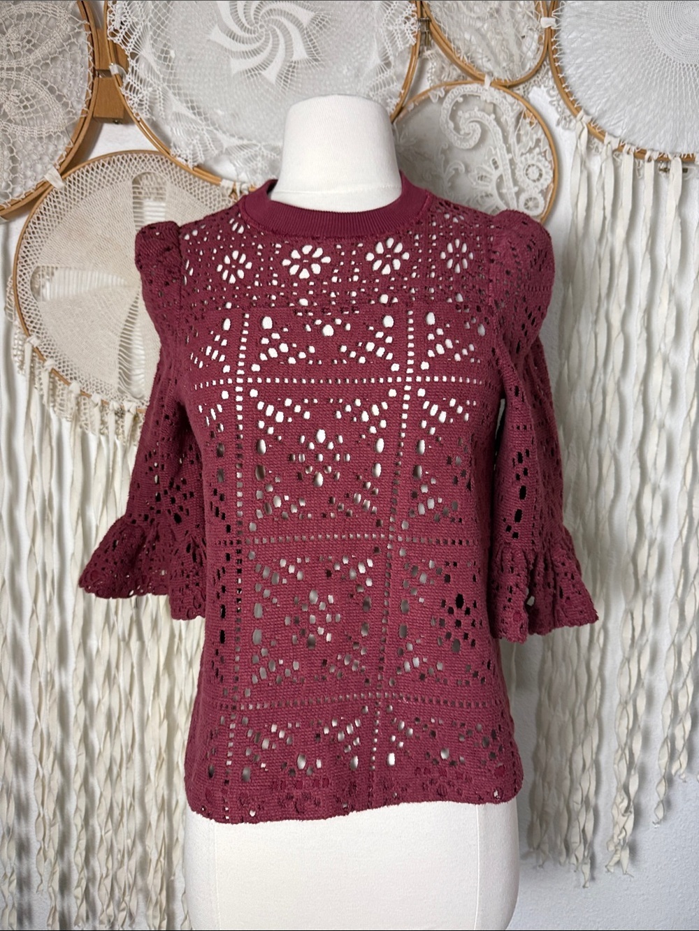 See by Chloe Merlot Puff Sleeve Lace Sheer Blouse Size XS